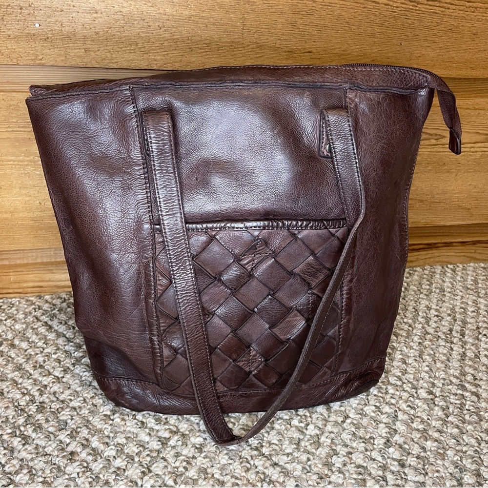 Vilenca Holland Anthropologie Leather North South Tote With Front Woven Pocket